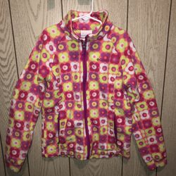 Kids Columbia size medium full zip fleece jacket with pink, white, purple, and lime green colored hearts on it. It was barely worn and is in excellen