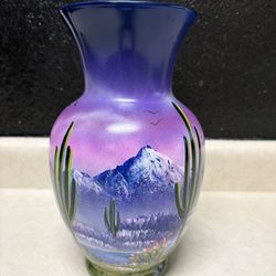 Glass Vase Desert Scene Painted Cactus Mountains Birds Purple