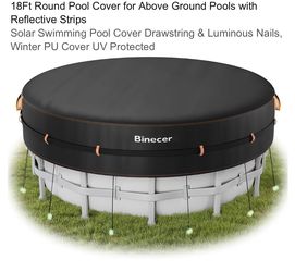 18Ft Round Pool Cover for Above Ground Pools with Reflective Strips Solar Swimming Pool Cover Drawstring & Luminous Nails, Winter PU Cover UV Protecte
