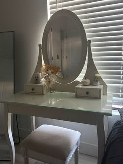 White Vanity Table with Mirror and Stool