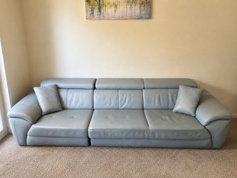 Italian-Made Light Blue Buffalo Leather Sofa – 117” Wide