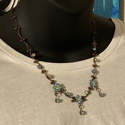 Beautiful Dainty Station Necklace With Blue Rhinestone Flowers