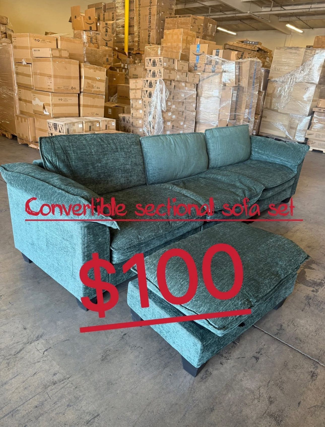 Convertible Sectional Sofa with Chaise L Shaped Couch with Ottoman Reversible 3-Seat Sofa Sectional Couch Sets for Apartment Dark Green $100