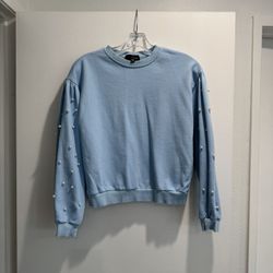 Blue Sweatshirt with Pearl Embellishments