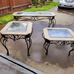 Vintage Marble And Glass Coffee Tables With Iron Legs 