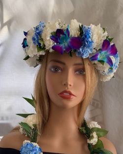 Combo: Blue Flower Crown And Orchid Lei 