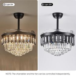 42" Fandelier Ceiling Fan with Light Crystal Chandelier Fan Black Crystal Ceiling Fan Chandelier, Retractable Blades, LED Dimmable, Bedroom, Living Ro