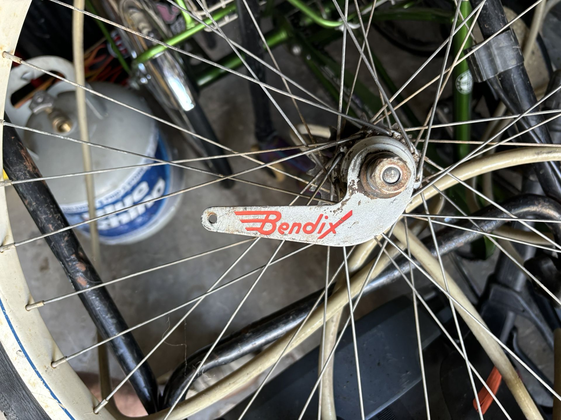 vintage Bendix Hub,Bendix coaster break26”rear wheel with tire that holds air.W/Matching front rim.