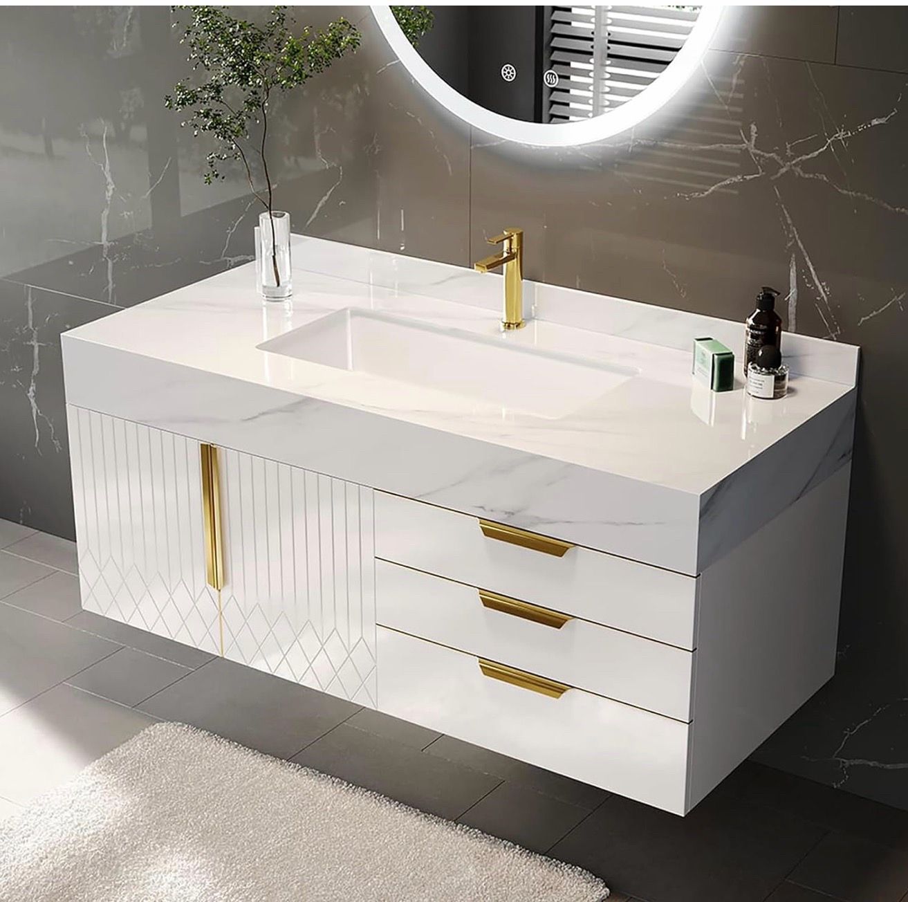 Brand new sealed box 36 inch Floating Bathroom Vanity with Single Sink, Modern Sintered Stone Top, Ample Storage for Small Bathroom, White