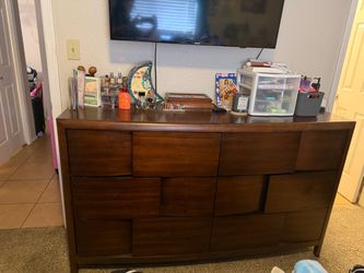 Red wood dresser 6 drawers