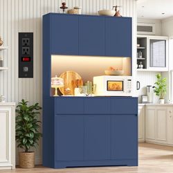 70.9'' Tall Kitchen Pantry Cabinet with Charge Station & Led Light, 3 Drawer Storage Cabinet with Adjustable Shelves, Blue