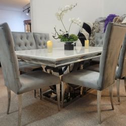 White Stone Dining Table + 6 Grey Velvet Chairs