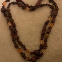 48” Wood Beaded Necklace With Bronze Accent 