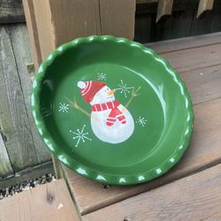 Hand Painted Snowman 9” Stoneware Deep Dish Pie Plate - Excellent Condition 