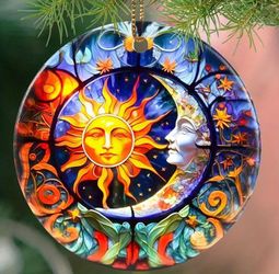 Stained glass acrylic suncatcher, moon and sun faces, yin-yang light and dark.