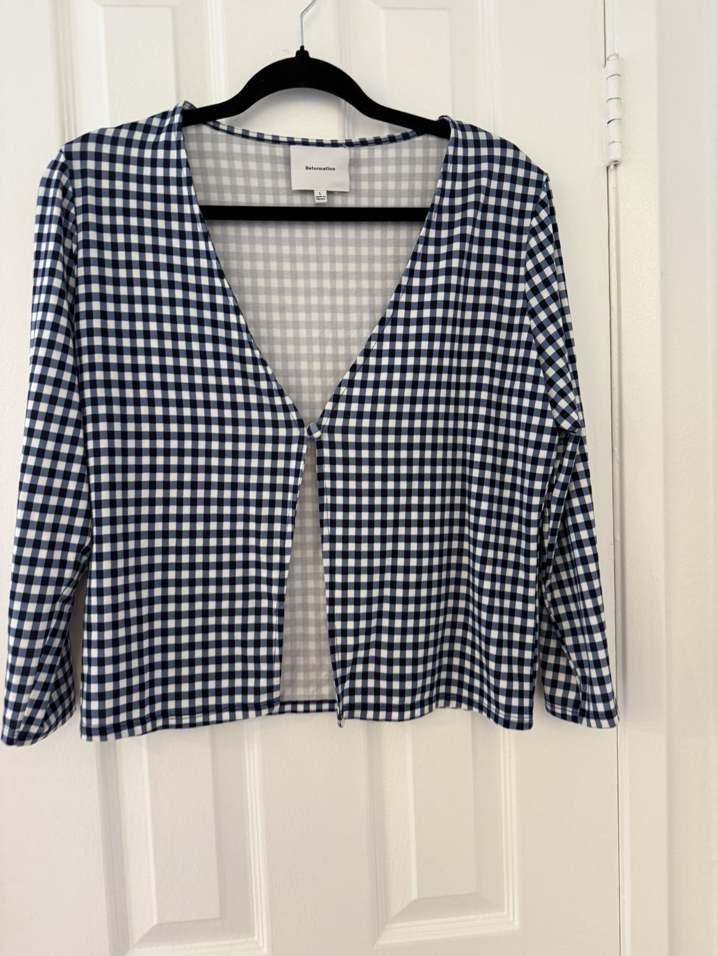 Reformation Tencel Long Sleeve Blue & White Gingham Top with One Button, Size L