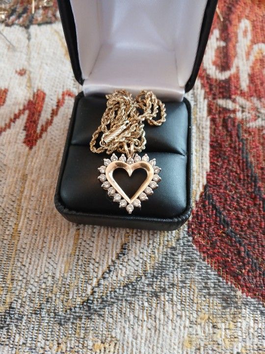 14k Yellow Gold Chain With Diamond Heart Pendant