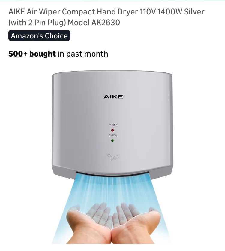 AIKE Wall Hand Dryer ( 2 Pin Plug In)