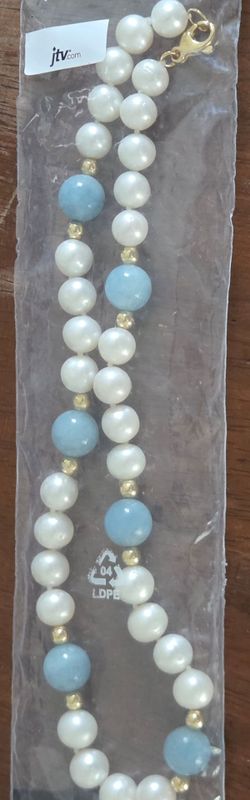 10mm white cultured freshwater pearl with aquamarine 14k yellow gold Over Silver 18" strand Necklace