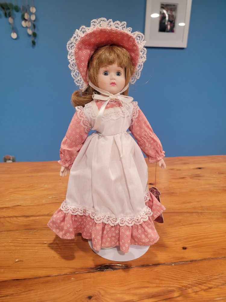 Vintage Bradley Porcelain Doll ~ Bonnet, Blue Eyes, Pink Dress, 13", Brown Hair