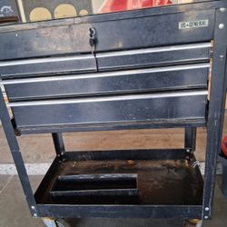 Four drawer rolling mechanics toolbox with tools