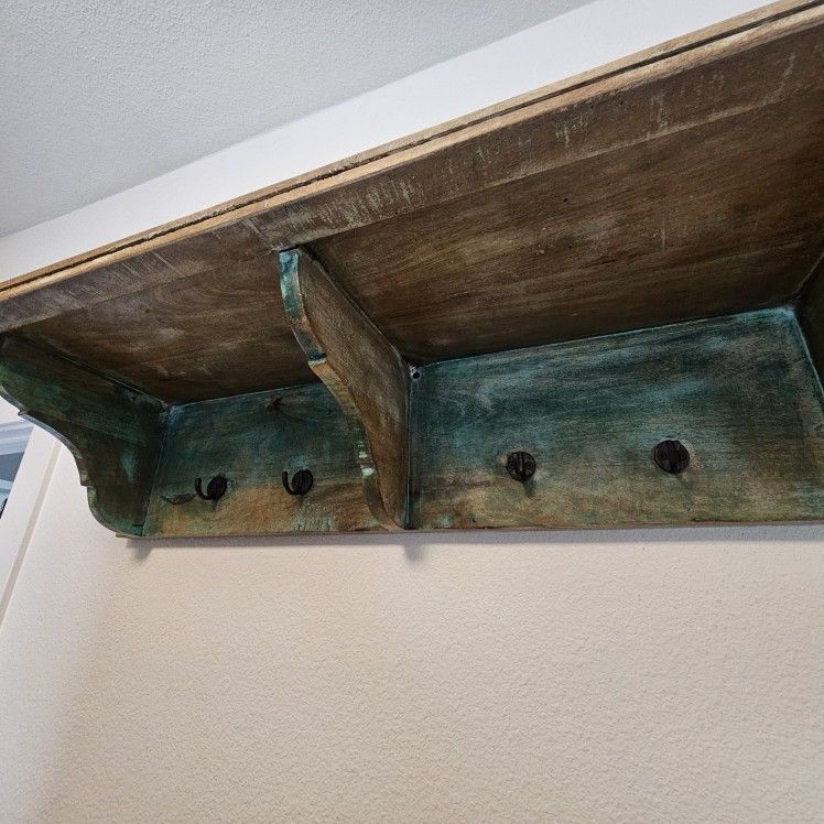 Solid Wooden Wall Shelf with 6 double hooks.