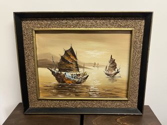 Mid-Century Vintage oil painting of Chinese junk boats 
