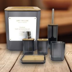 Amy Miller 6 PC Black & Bamboo Tan Bath Accessories Set New In Package Sealed
