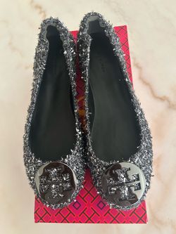 Tory Burch, Minnie Travel Ballet with Metal Logo Sparkle Jacquard, Silver Confetti/Gunmetal 020, Size 9