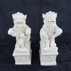 Vintage Blanc de Chine Porcelain Temple Guardian Foo Dog Statues

