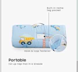 Toddler Nap Mat with Pillow and Blanket, 100% Cotton Fabric, for Kids Boys Ages 3 Plus in Daycare Kindergarten Preschool, Cars Cranes