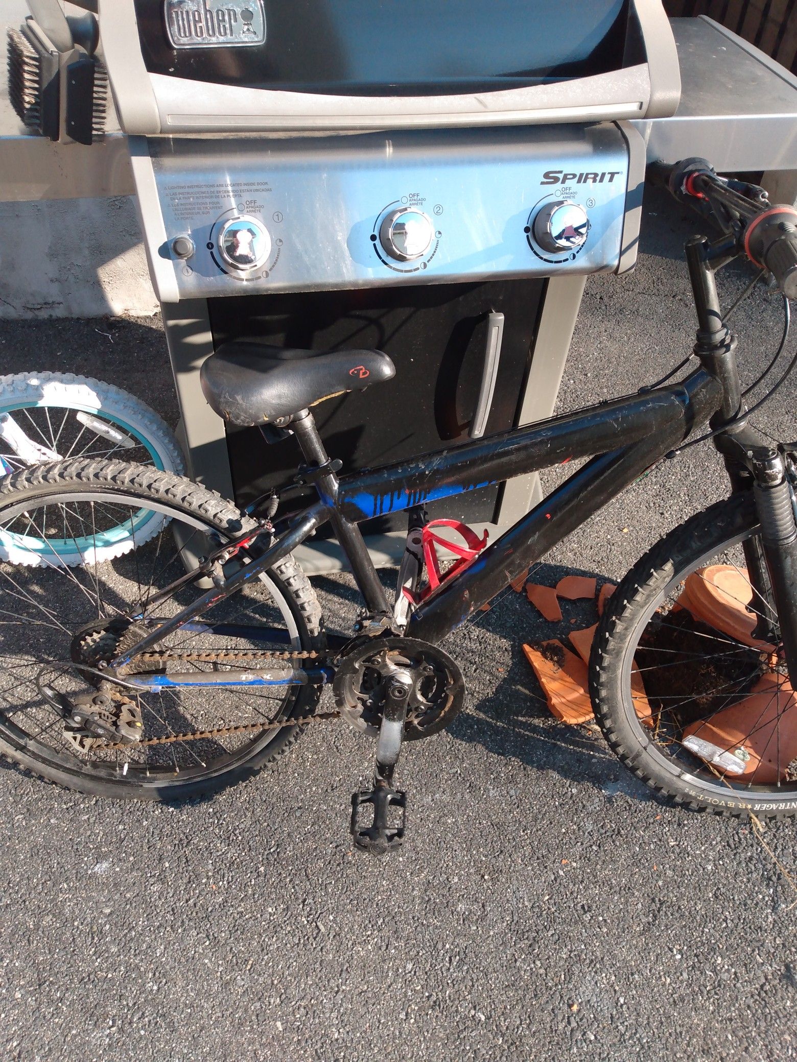 18 speed trek mountain bike with front shocks everything works great back tire is flat but sure just needs air