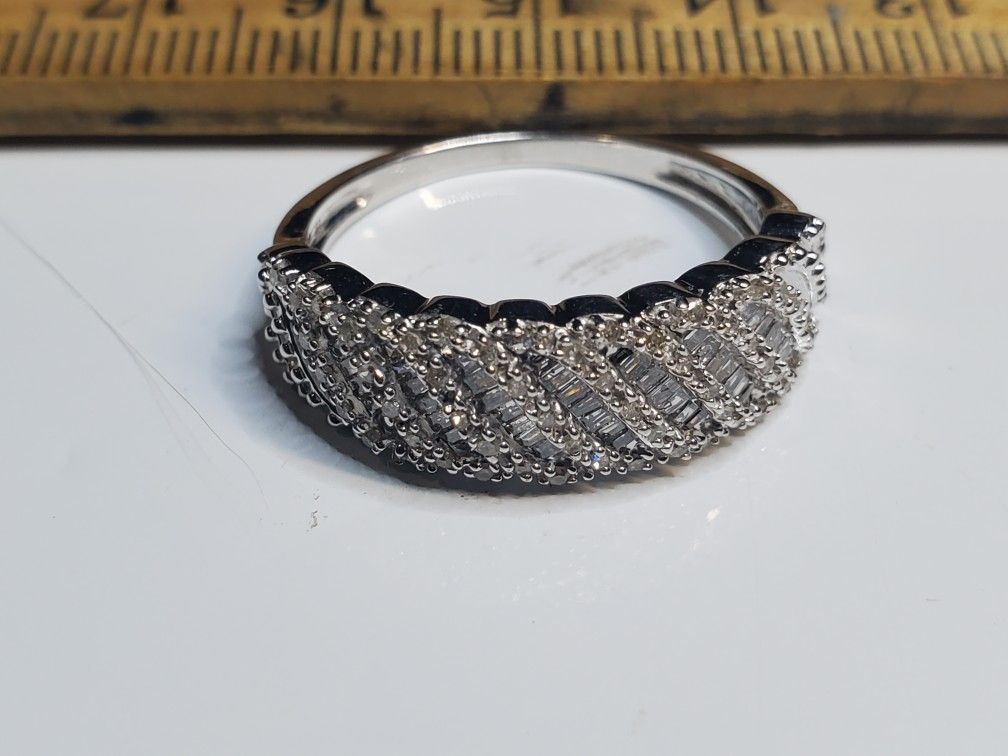 Wedding - 925 Sterling Silver 1.00 CTW Diamond Round & Baguette Ring Size 10, Estate / Vintage