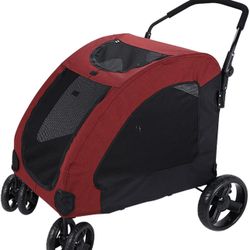 Pet Stroller for Large Dog Medium Dogs Four-Wheel Foldable Storage Detachable and Washable Cushion Double Storage Bag Sick Disabled Old Dog Stroller O