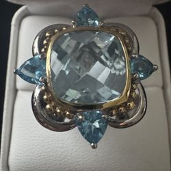 Sterling Silver Two Tone ~12x12mm Blue Topaz Statement Ring Size 8