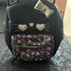 Girls Cat Black and Gold Floral Faux Leather Backpack