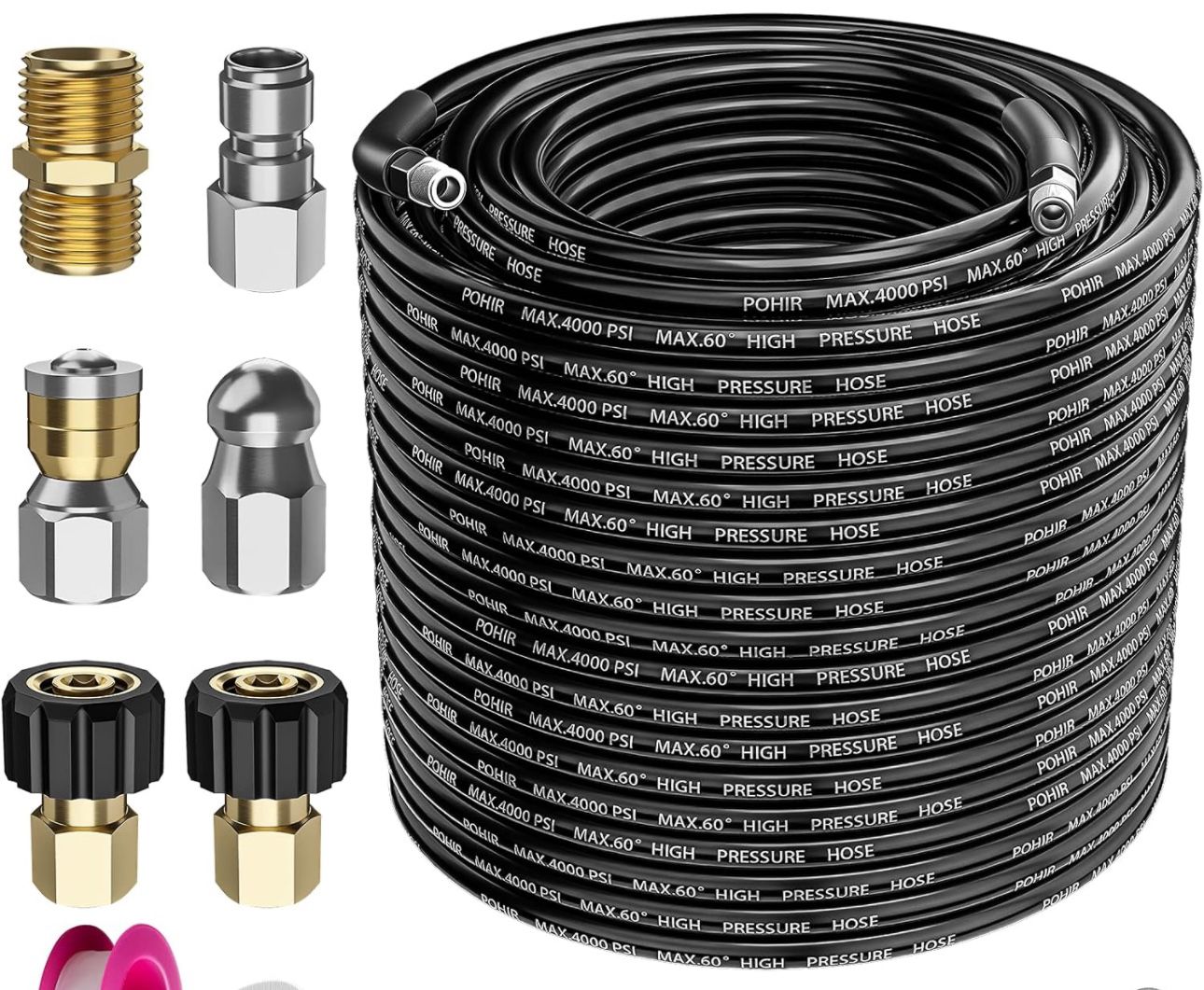100ft feet Pressure Washer 1/4” Hose w/ Adapters & Nozzles