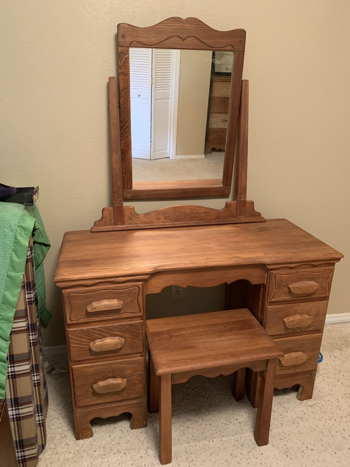 Vintage Maple Vanity, Bench, and Dresser