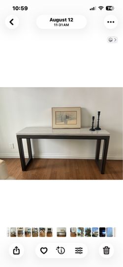 Ariana White Marble And Charcoal Gray Vernay Rectangular Console Table. 60" × 16" × 30".