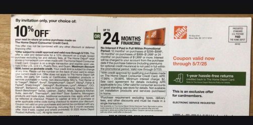 .  10% Off Home Depot Coupon .Max discount $200 Must use Home Depot Credit Card. In-store or online purchase. I can send