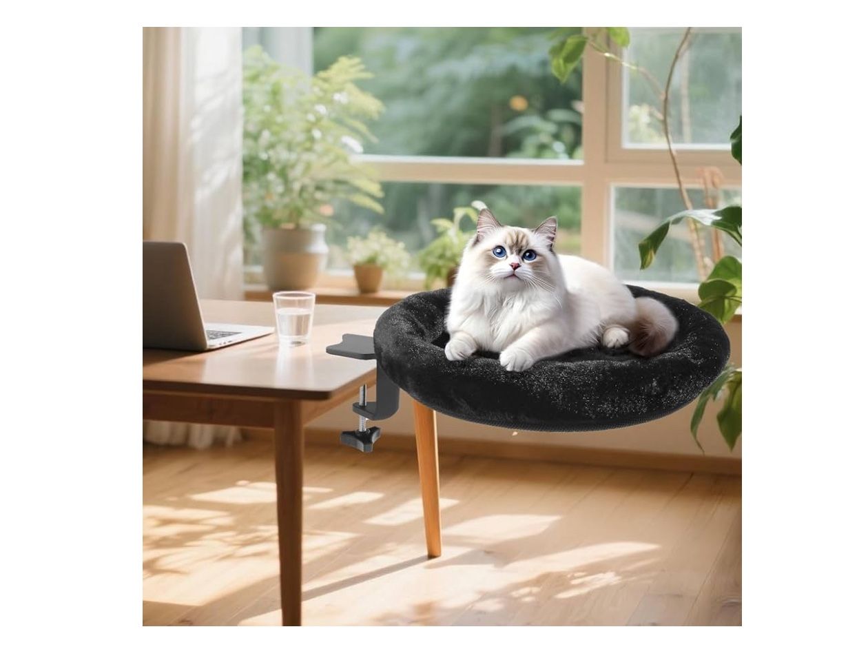 Brandnew Cat Desk Bed - Ergonomic cat Desk Perch Clamp for Remote Workers - Quality Desktop Suspended Cat's Bed- Rotating Cats Hammock Desk with Remov