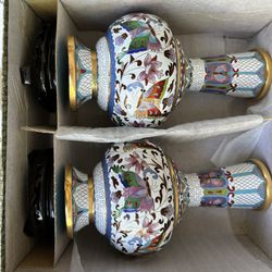 Pair Of Chinese Cloisonné Vases With Stands -New In Box  