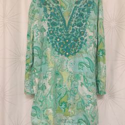 Ladies Tunic, L, Linen Charter Club Luxury Blouse, Teal/Aqua/Green