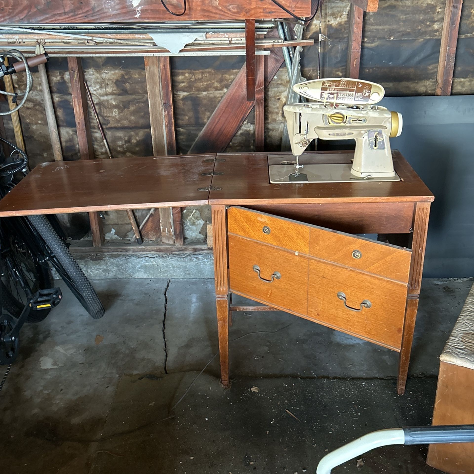 Sewing Machine, Antique Fold Out Top And Drawer.