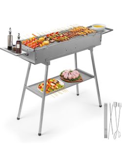 IRONWALLS Portable Charcoal Grill Outdoor Cooking, 32”L x 10”W Folded Camping Barbecue Grill with St