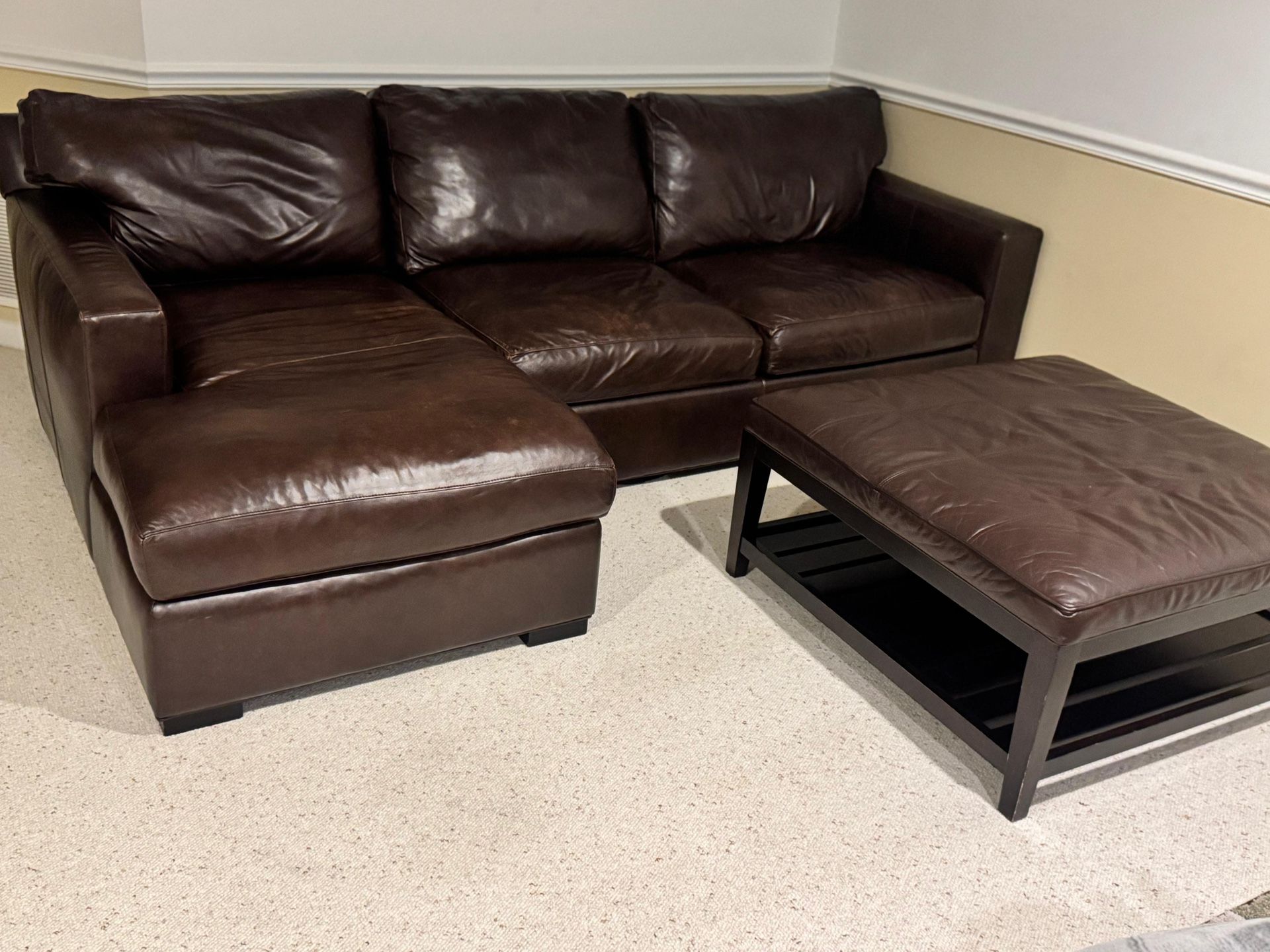 Crate & Barrel Brown Leather Couch with Pull-Out Bed and Ottoman – Gently Used, Good Condition 
