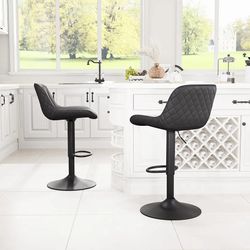 YOUNIKE Black Bar Stools Set of 2 Kitchen Counter Height Barstools with Back Modern Swivel Faux Leather Padded Bar Chair Adjustable Tall Upholstered B