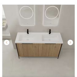 Bathroom countertop with two integrated sinks. New Wall-Mounted Double Bathroom Vanity Set