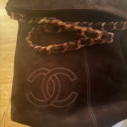 Y2K Brown Suede   Leather Hobo Shoulder  Bag With Tortoise Chan  With