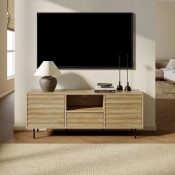 Natural Wood Mid-Century Modern 2-Door 1-Drawer TV Stand Fits TV's up to 65 in. with Metal Legs If2219